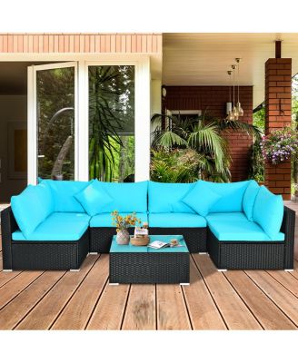 7PCS Rattan Patio Conversation Set Sectional Furniture Set w/ Blue Cushion