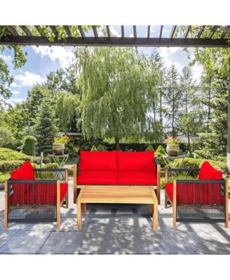 8PCS Acacia Wood Outdoor Patio Furniture Conversation Set W/ Red Cushions