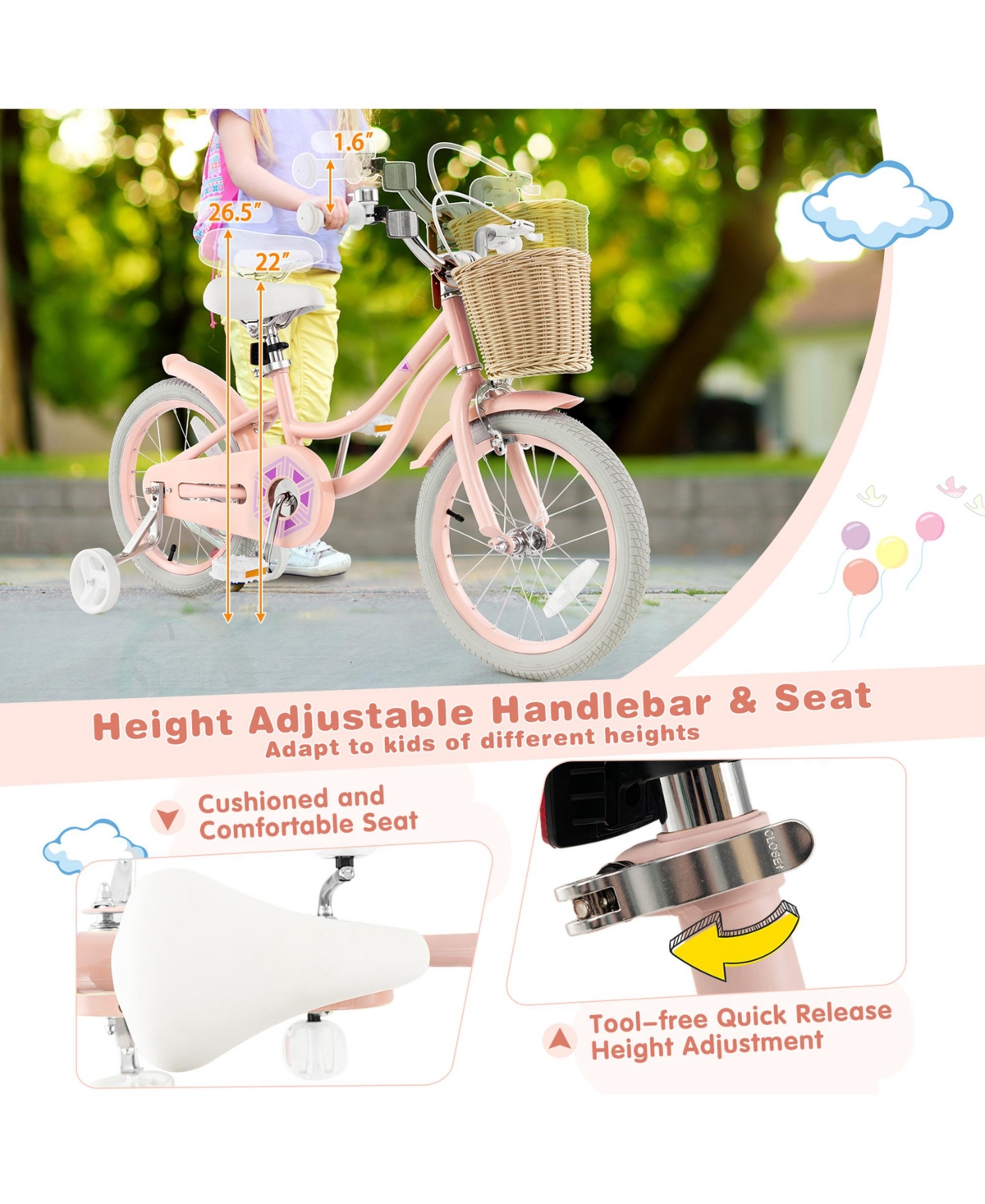 Gymax 18'' Retro Style Kids Bike Bicycle w/ Height Adjustable Handlebar & Seat Pink