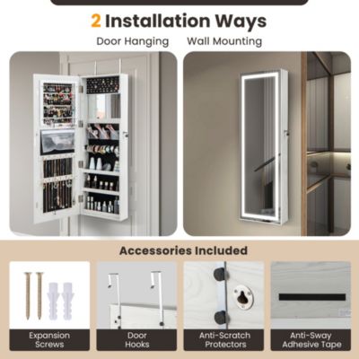 Door Wall Mount Touch Screen LED Light Mirrored Jewelry Cabinet Storage