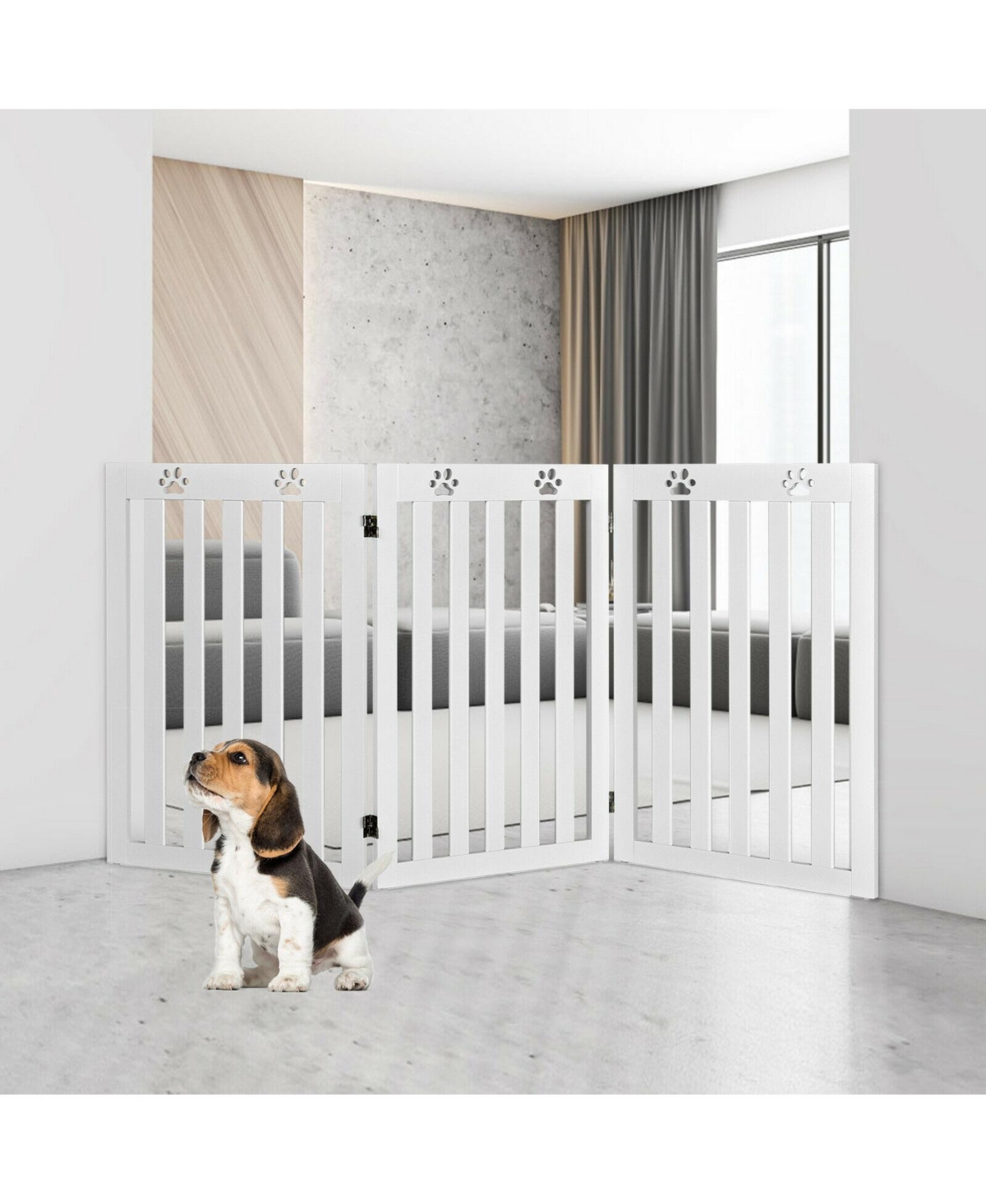 Sugift Folding Wooden Freestanding Pet Gate Dog Gate with 360° Flexible Hinge