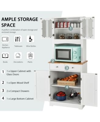 67" Tall MDF, Engineered & Rubber Wood, Wood Top, Hutch, Adjustable Shelves, Glass Doors Kitchen Pantry Cabinet