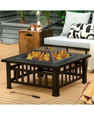 32'' 3 in 1 Outdoor Square Fire Pit Table W/ BBQ Grill Rain Cover for Camping