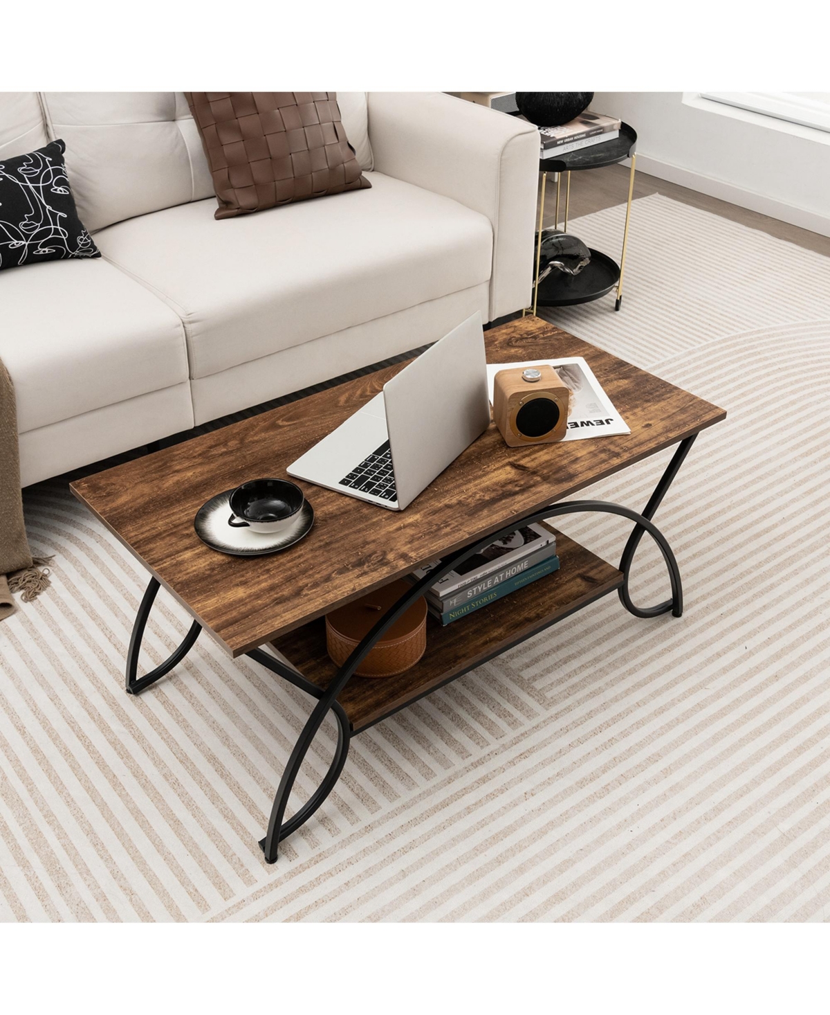 Costway 2-Tier Industrial Coffee Table Rectangular Cocktail Table with Storage Shelf