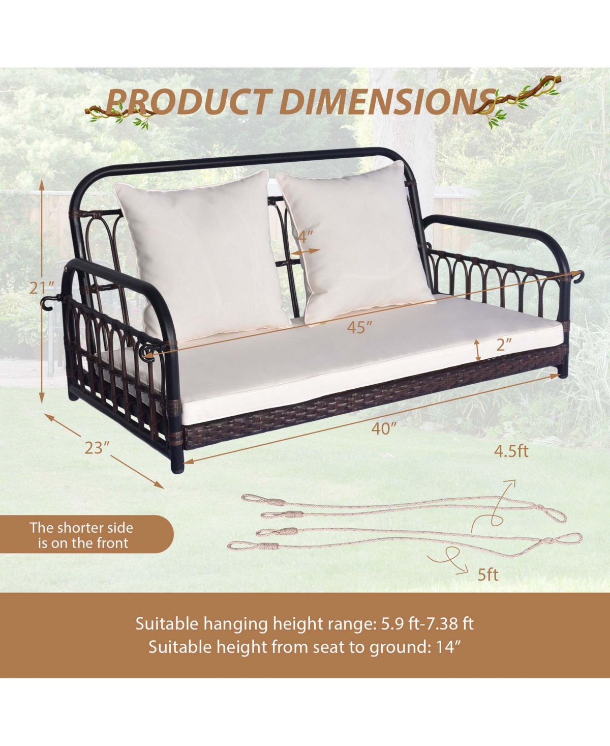 Costway Patio Swing Chair 2-Person Hanging Seat Outdoor Wicker Loveseat Cushioned Porch