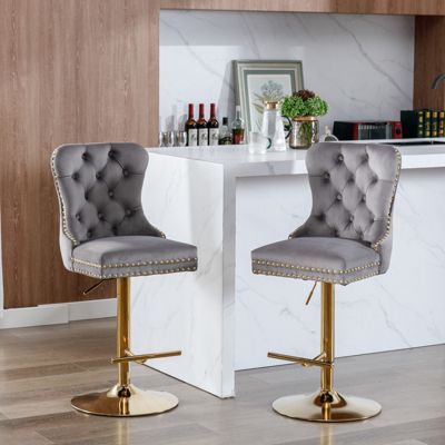 Streamdale Gray Velvet Swivel Bar Stools, Set of 2