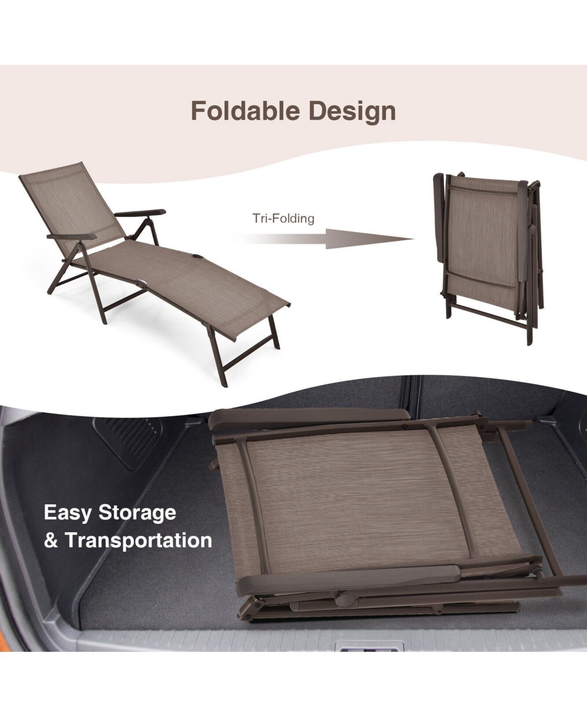 Inolait 2 Pieces Foldable Chaise Lounge Chair with 2-Position Footrest-Brown