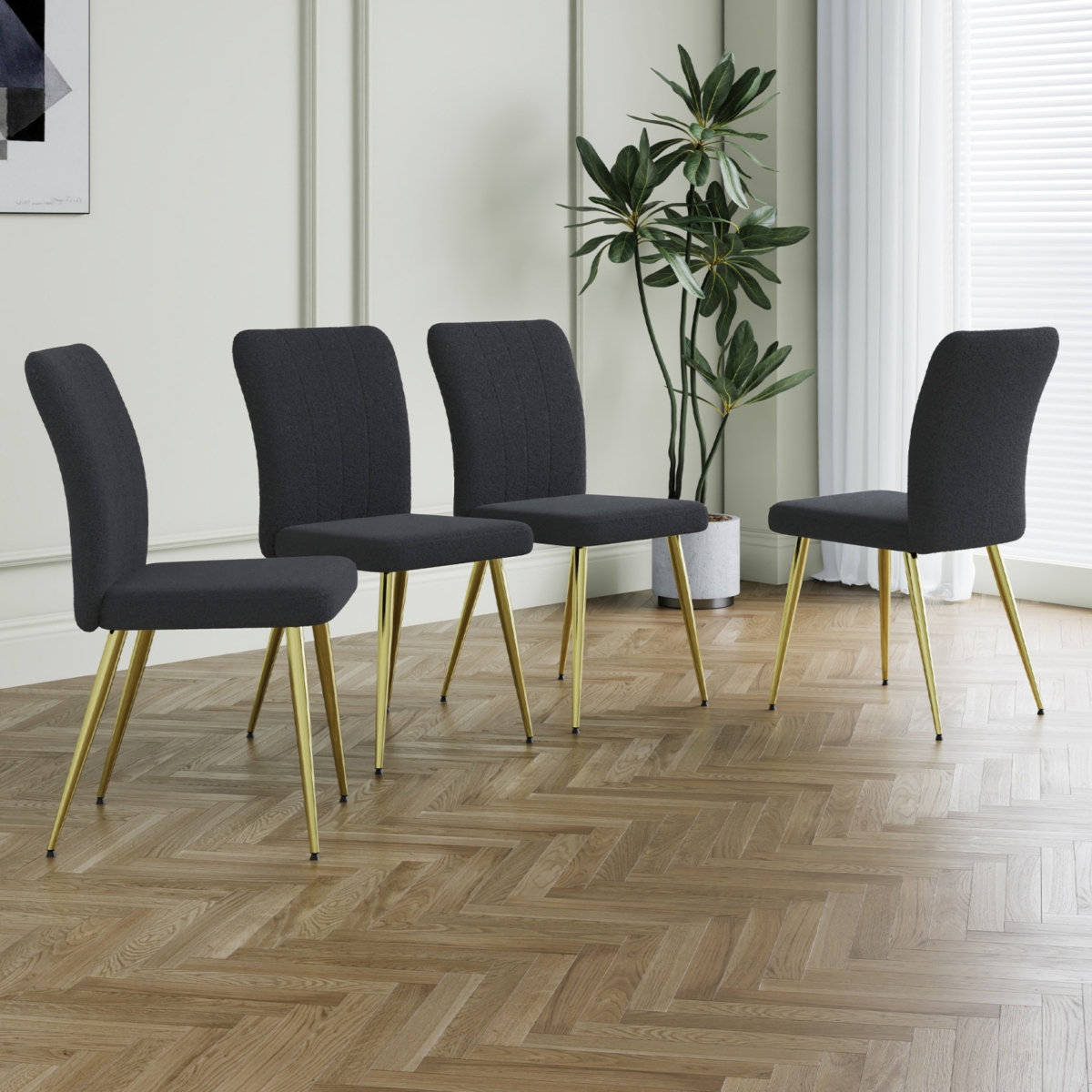 Black Teddy Wool Dining Chairs with Goldplated Legs (Set of 4)
