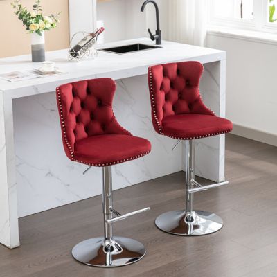 Set of 2 Adjustable Swivel Bar Stools in Wine Red
