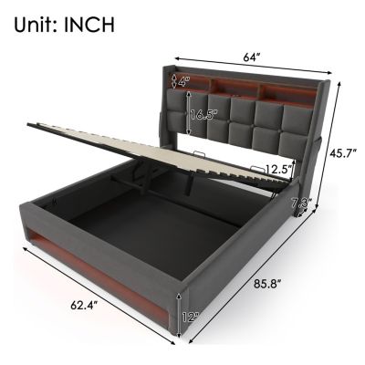 Streamdale Grey Upholstered Platform Bed with Storage & LED