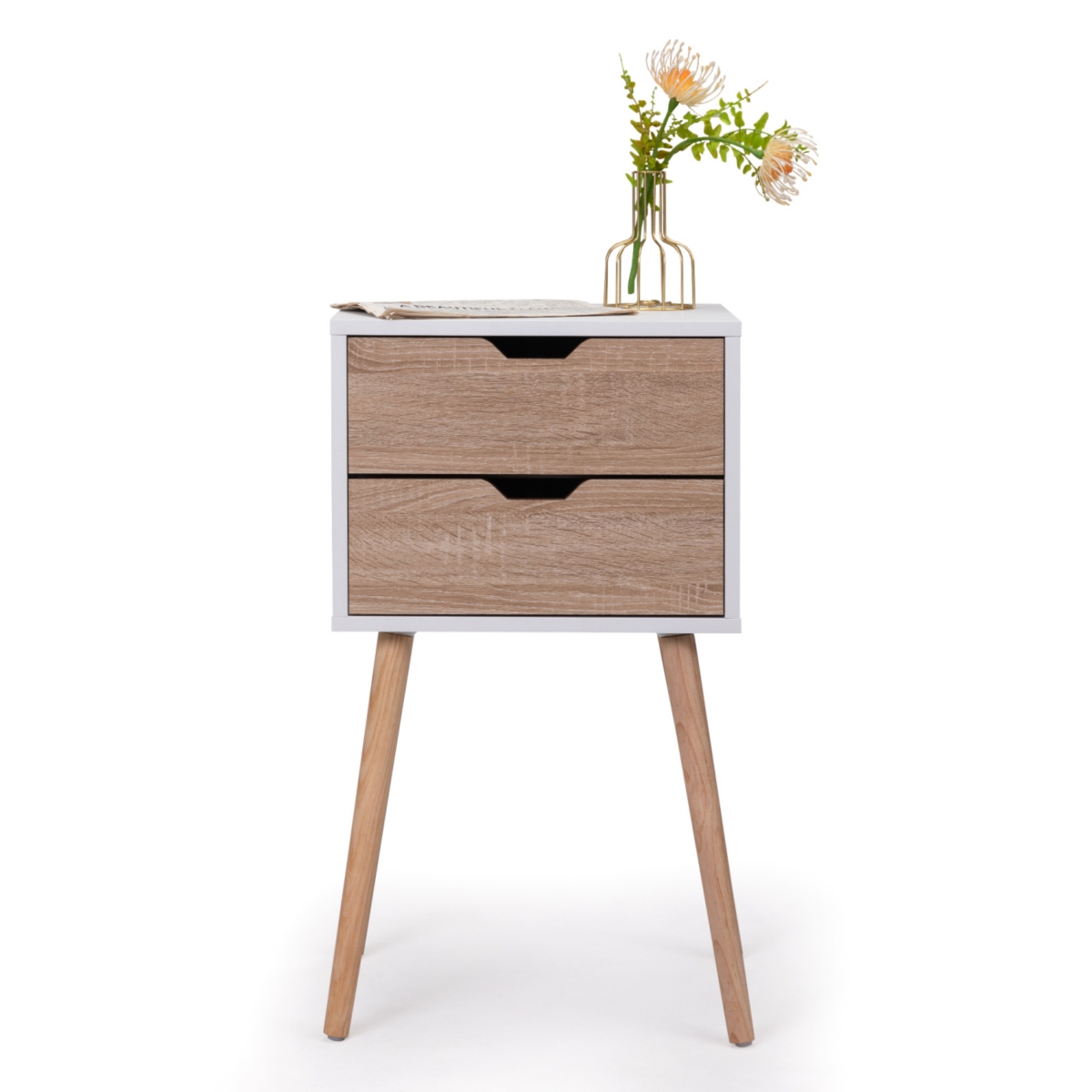 Simplie Fun 2-Drawer Nightstand with Solid Wood Legs, White/Walnut