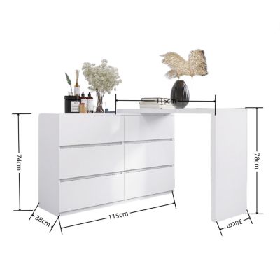 Extended Desktop 6 Drawers Chest Of Drawer Without Handle White Color Vanity