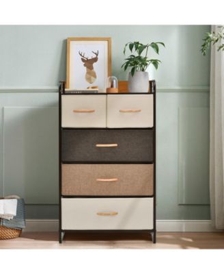 4-Tier Organizer Tower Steel Frame Wooden Top Storage with 5-Drawer Dresser