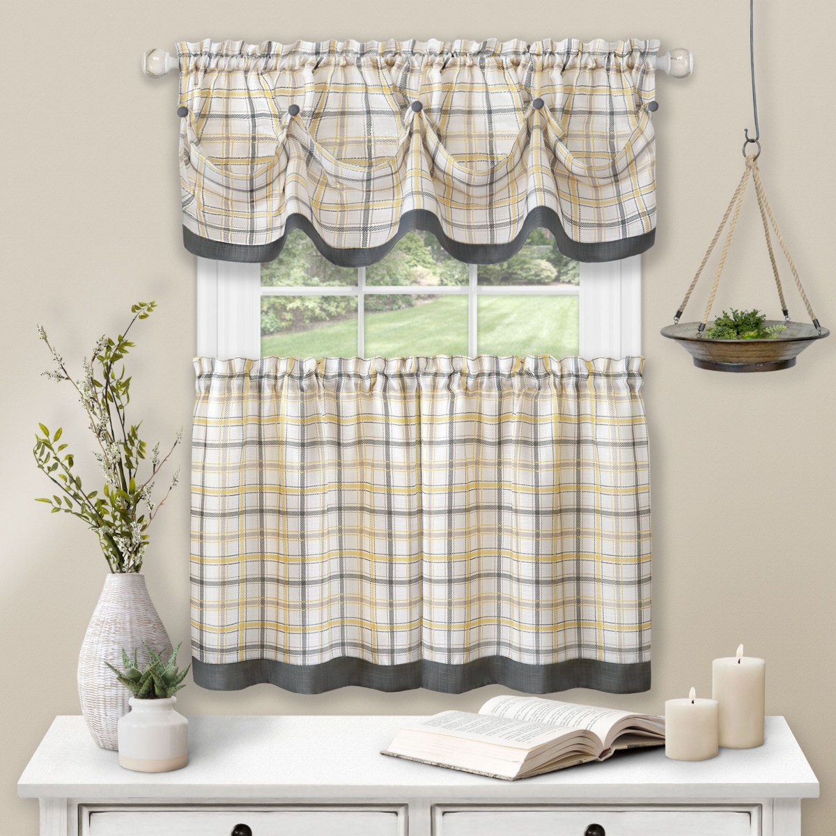 Kate Aurora Country Farmhouse Plaid 3 Pc Tattersall Cafe Kitchen Curtain Tier & Valance Set