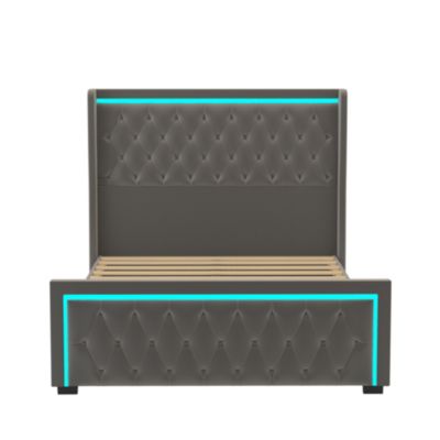 Grey Velvet Platform Bed with LED Headboard