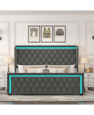 Grey Velvet Platform Bed with LED Headboard