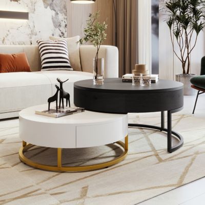 Modern Round Lift-Top Coffee Table with Drawers (White & Black)