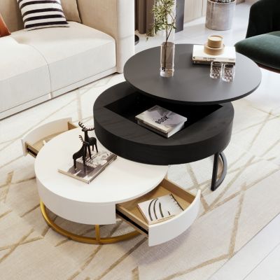 Modern Round Lift-Top Coffee Table with Drawers (White & Black)