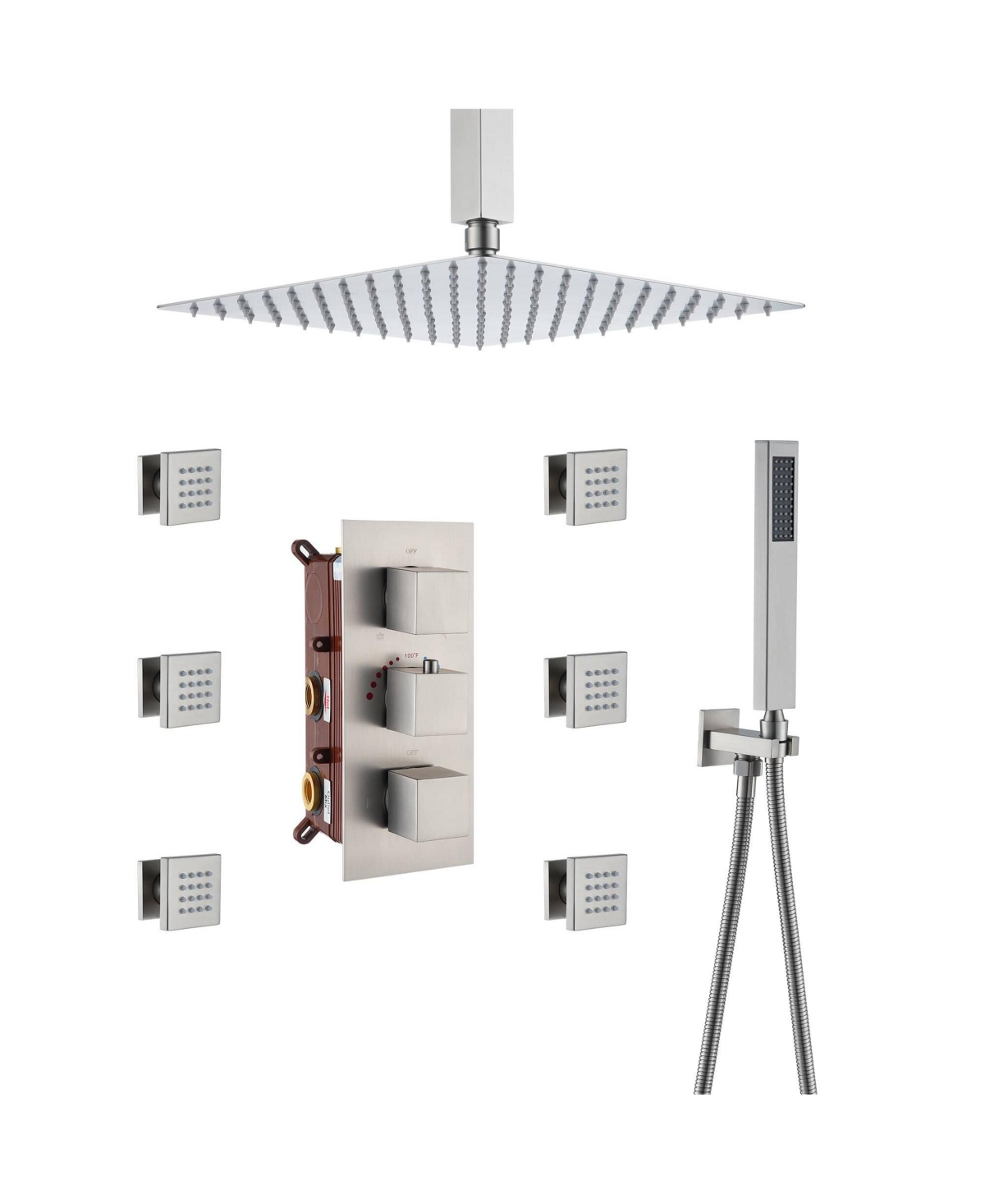 Mondawe Ceiling Mounted Thermostatic Shower System Set with Handheld Spray & 6 Body Jets, Brushed Gold