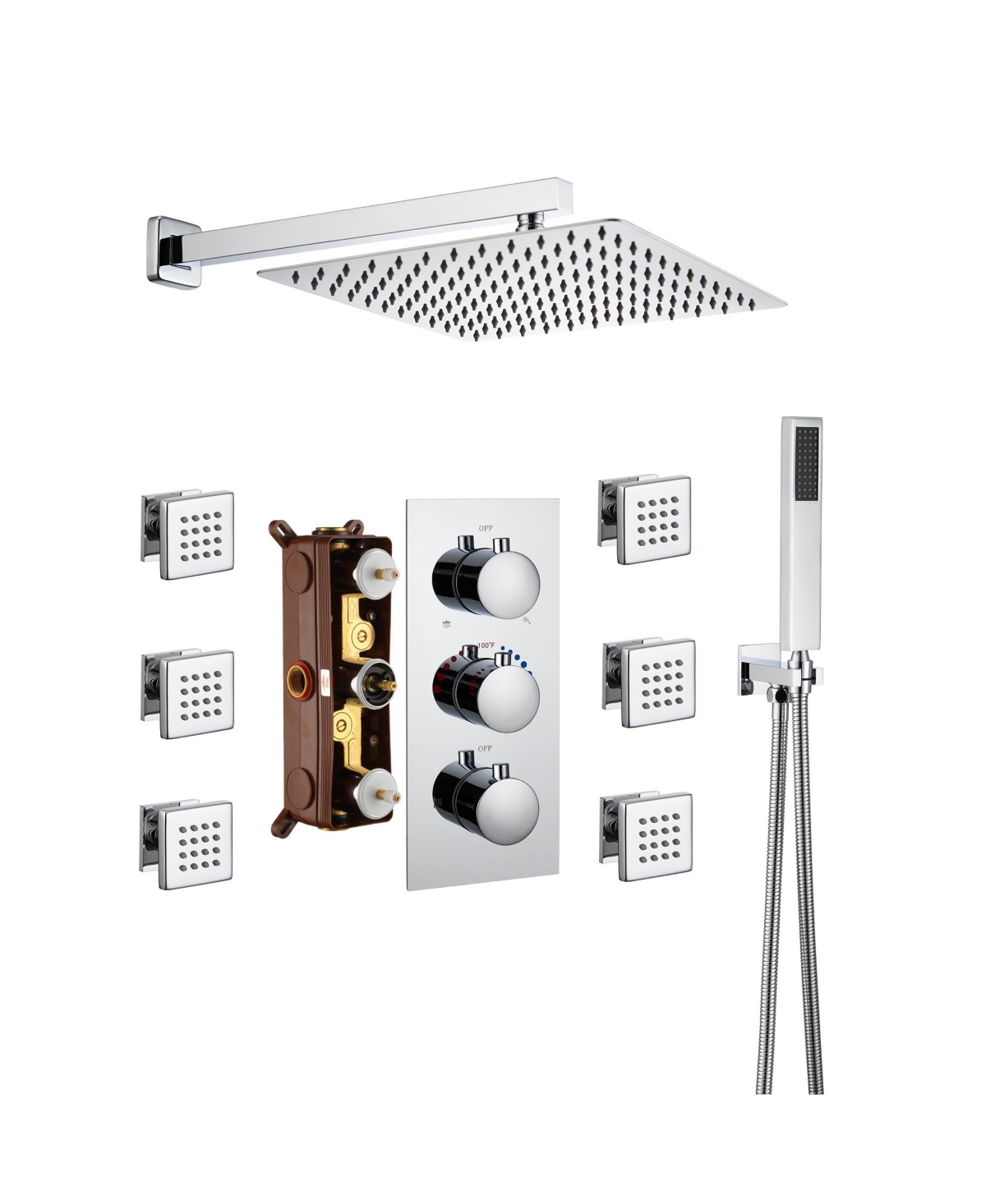 Mondawe Wall Mounted Thermostatic Luxury Shower System Set with Handheld Spray & 6 Body Jets,- Chrome