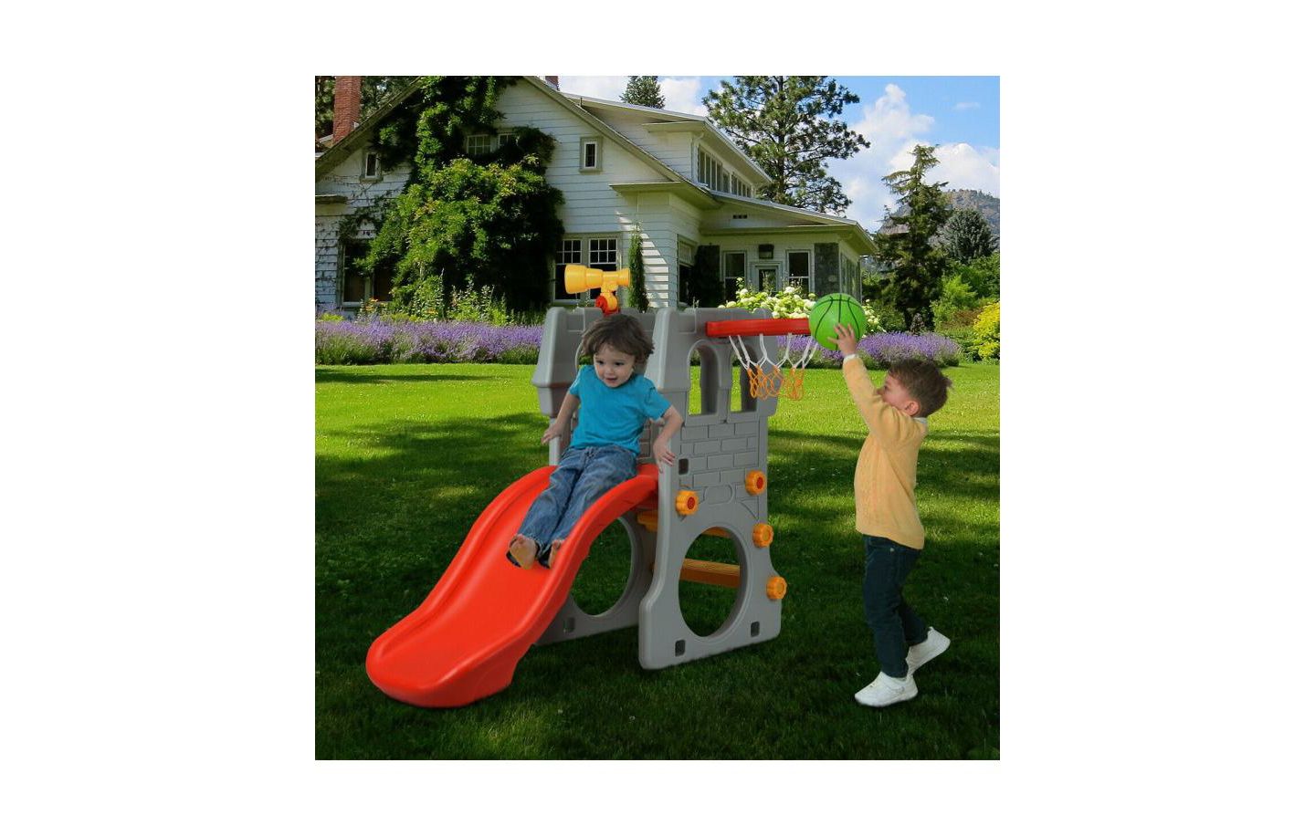 Детский игровой набор Slickblue 5-in-1 Toddler Climber Slide Playset with Basketball Hoop and Telescope, 110 lbs Capacity, 3–8 лет, цвет: Серый — фото 6