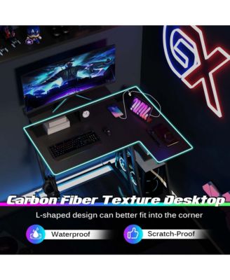 L-Shaped Gaming Desk with Outlets & USB Ports Monitor Shelf Headphone Hook
