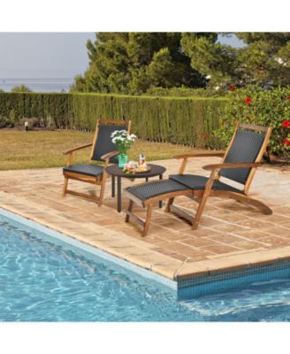 Patio Rattan Folding Lounge Chair with Acacia Wooden Frame Retractable Footrest