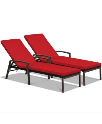 2 Pieces Patio Rattan Reclining Chaise Lounge Chair with Cushion and Armrest