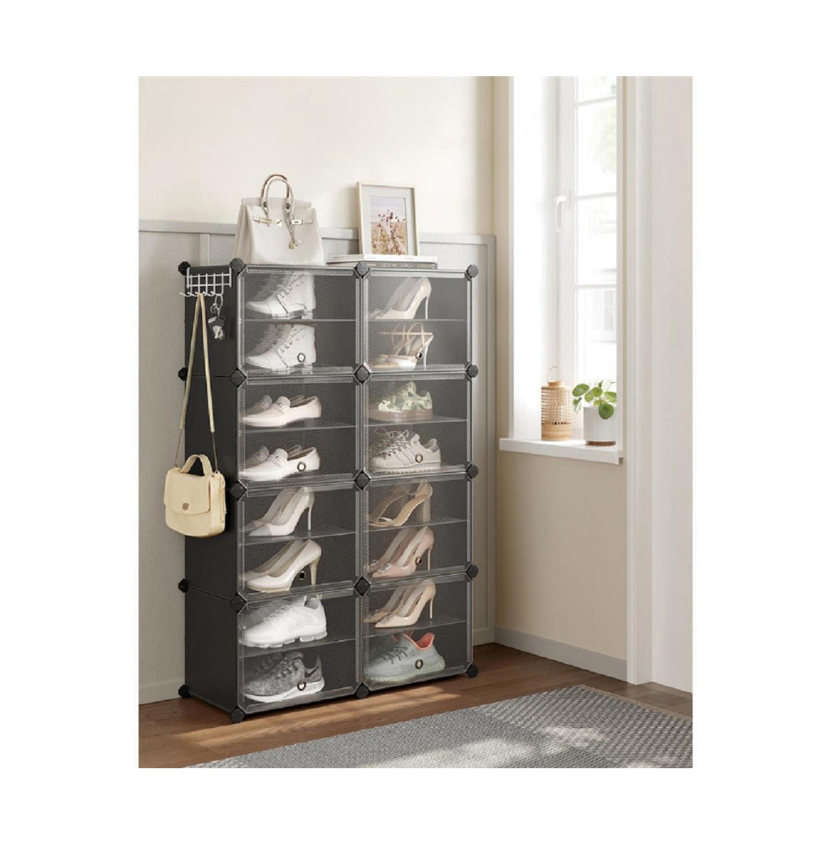 Slickblue Interlocking Shoe Rack, Cubes Shoe Organizer with Doors, Plastic Shoe Storage Cabinet, 8 Cubes