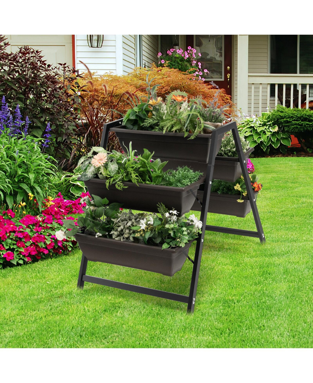 Slickblue 3-Tier Vertical Raised Garden Bed with 5 Plant Boxes - Black and Brown