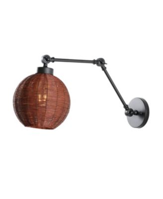 Lyla 22" 1-Light Mid-Century Vintage Rattan Globe Swing Arm LED Sconce, Dark Brown/Black