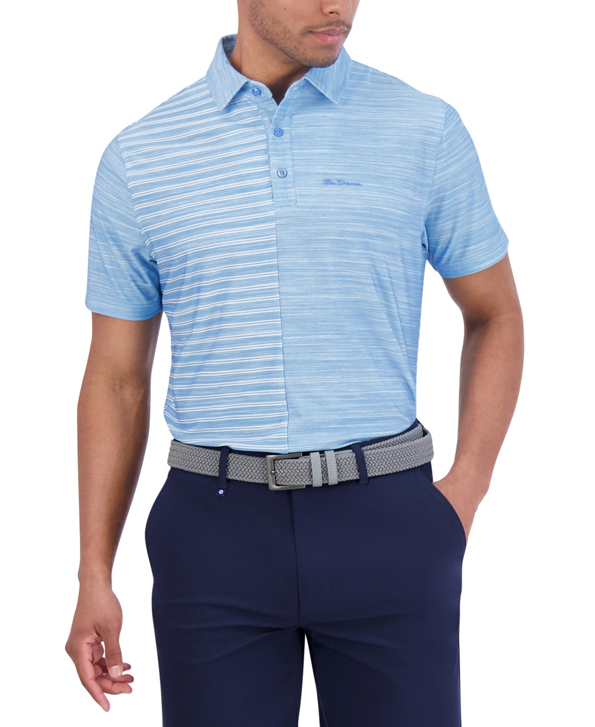 Ben Sherman Melange Stripes Color Block Tech Jersey Sports Fit Polo In Azure