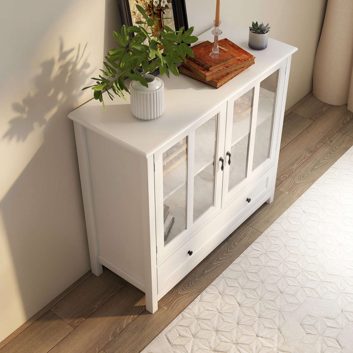 Streamdale Buffet Storage Cabinet With Double Glass Doors And Unique Bell Handle