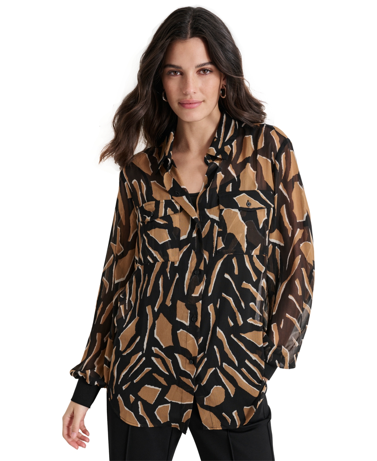 Women's Printed Button-Front Long-Sleeve Shirt - Abstract Geo