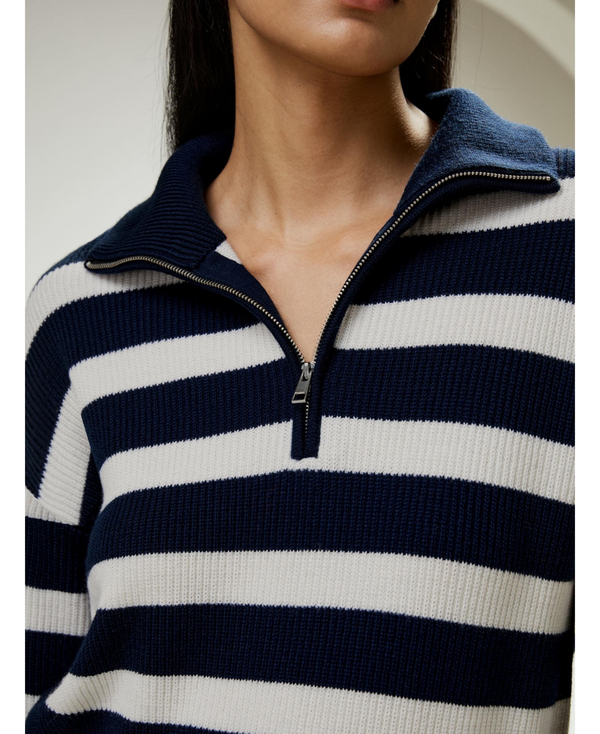 Lilysilk Women's Collared Quarter-Zip Wool Sweater for Women - Navy blue and white stripes