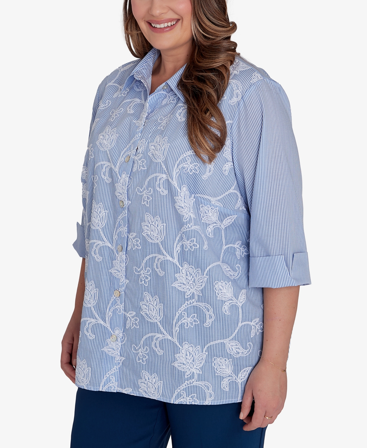 Alfred Dunner Plus Size Classic Embroidered Pinstripe Button Front Top