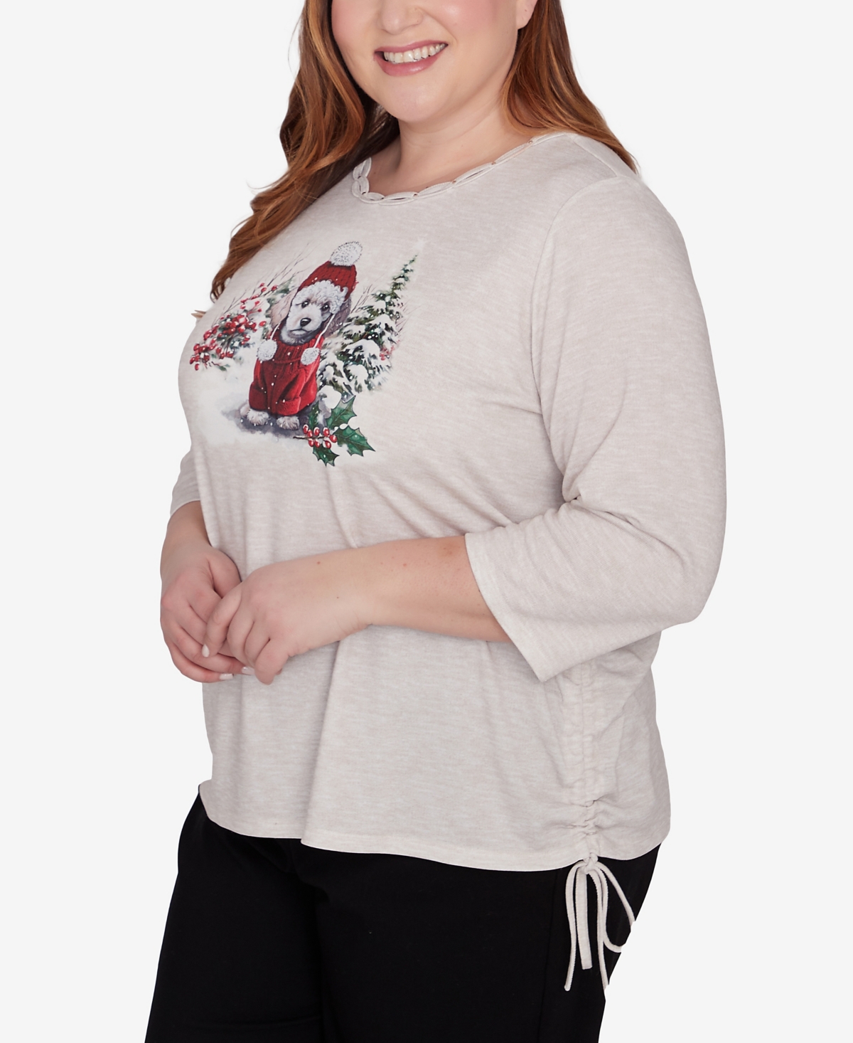 Alfred Dunner Plus Size Classic Festive Poodle Drawstring Top In Oatmeal