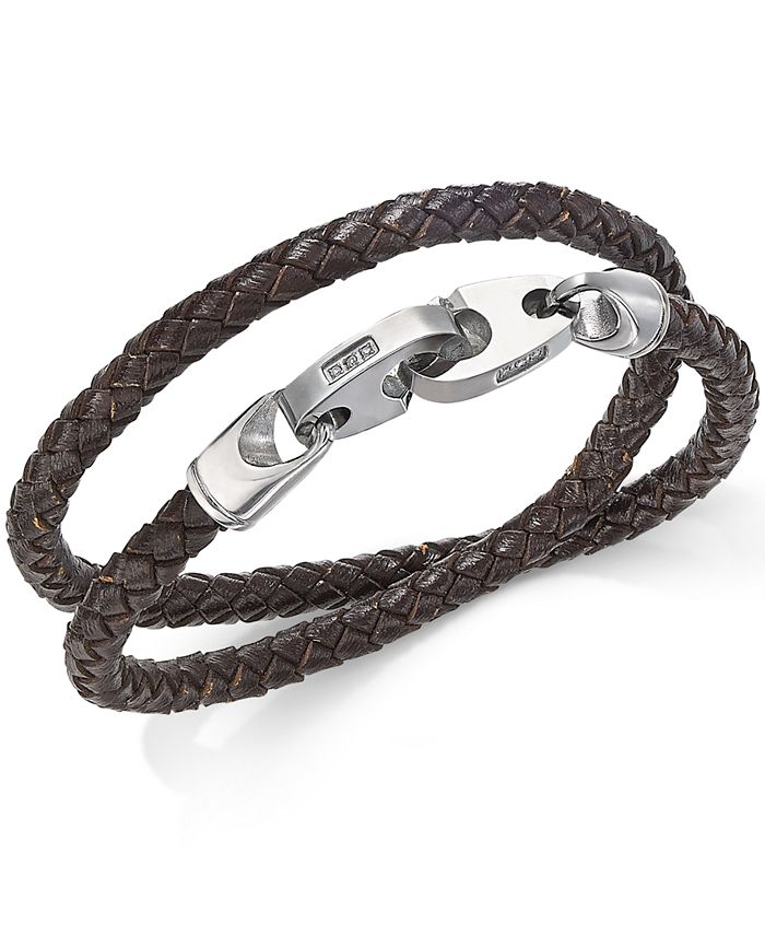 Macy's Men's Brown Woven Leather Wrap Bracelet with Diamond Accent in