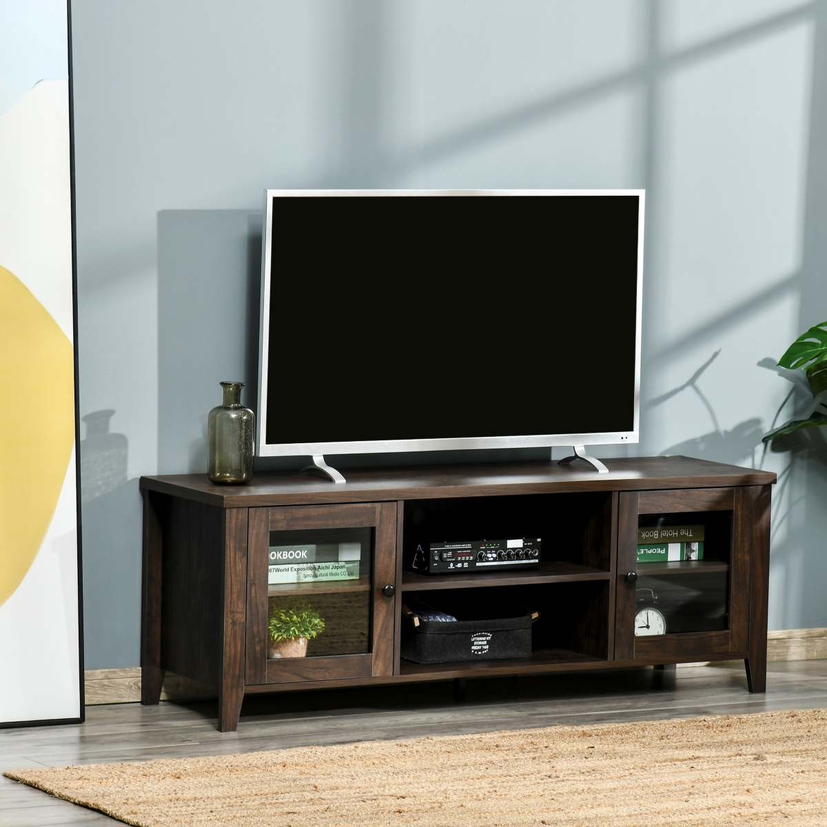 Homcom Tv Console Stand Entertainment Center w/Shelves Cabinets & Cable Hole- Coffee