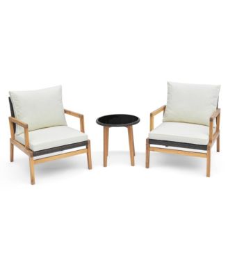 3 PCS Outdoor Furniture Set with Cushioned Chairs and Tempered Glass Side Table