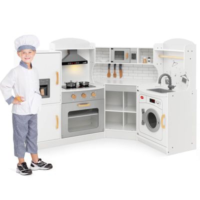 Corner Play Kitchen Toddler Kitchen Playset with Range Hood, Ice Maker, Microwave
