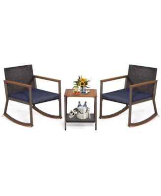 3 PCS Patio Rattan Rocking Chair Bistro Set Armrest Cushion Table with Storage Shelf