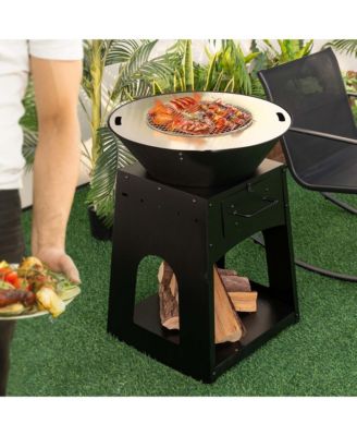 24" Heavy Duty Fire Pit with firewood rack Fire Poker Gloves Grilling Rack Outdoor