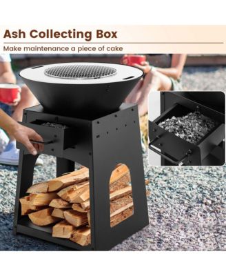 24" Heavy Duty Fire Pit with firewood rack Fire Poker Gloves Grilling Rack Outdoor