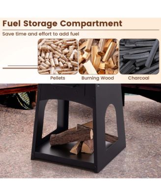 24" Heavy Duty Fire Pit with firewood rack Fire Poker Gloves Grilling Rack Outdoor