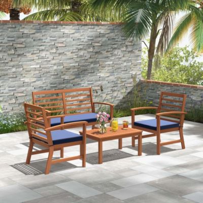 4 PCS Outdoor Furniture Set with Soft Seat Cushions Stable Acacia Wood Frame