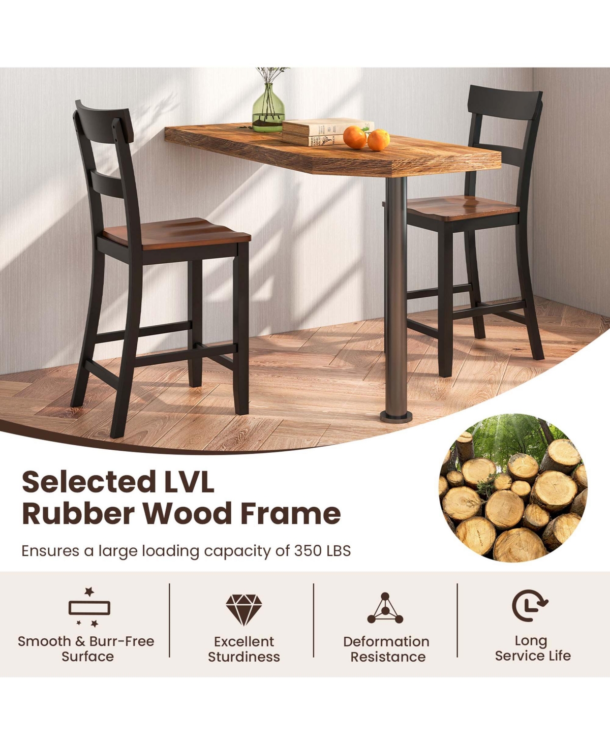 Costway Wooden Bar Stool Set of 2 Bar Chairs with Lvl Rubber Wood Frame, Backrest, Footrest