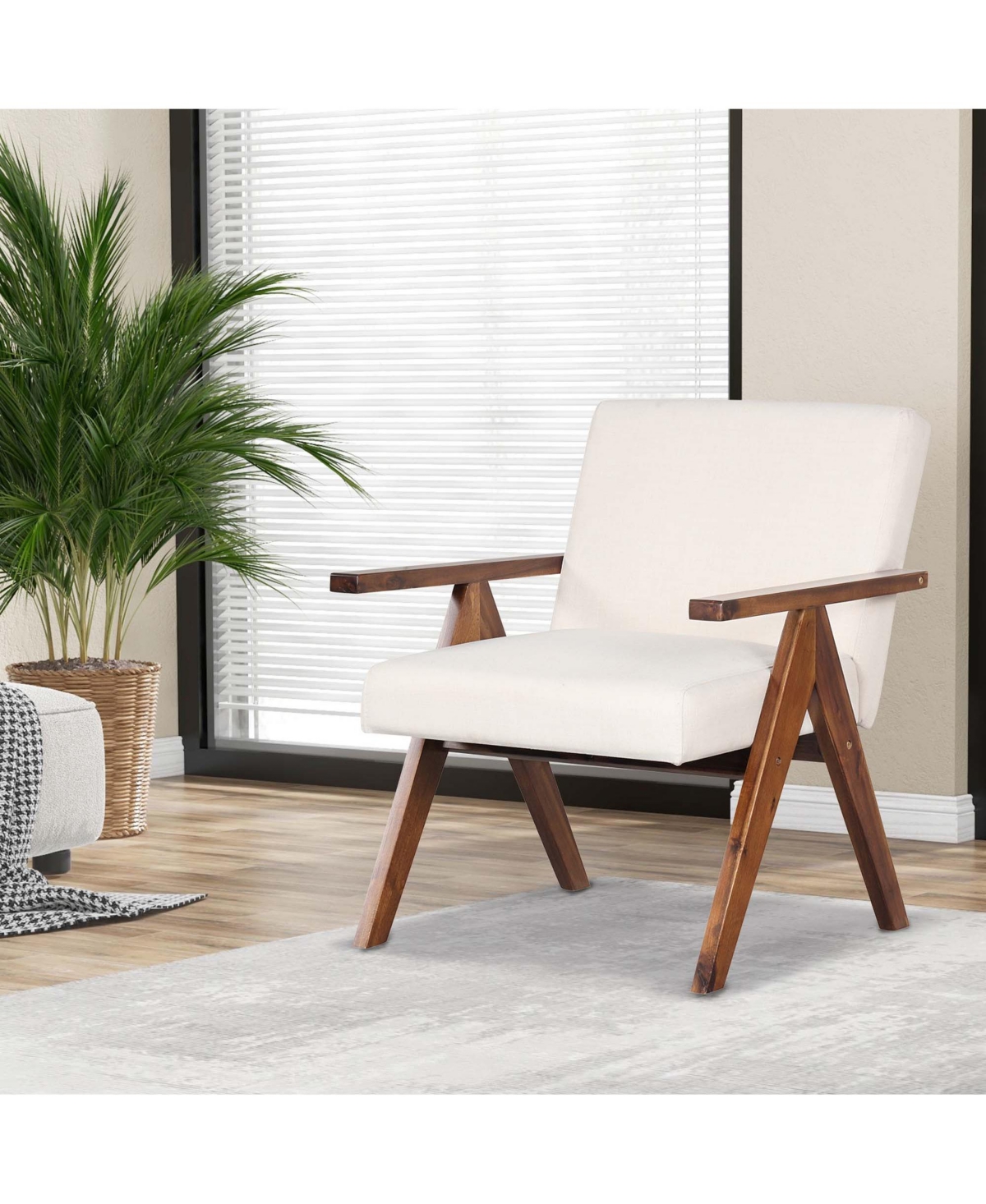 Costway 2 Pcs Modern Accent Chair Linen Fabric Armchair with Solid Acacia Wood Frame -khaki