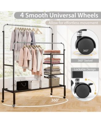 Rolling Clothes Drying Rack Double Rods Garment Rack with Height Adjustables