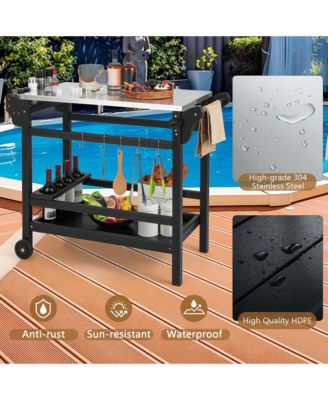 Movable Outdoor Dining Cart Table with Stainless Steel Tabletop, Seasoning Tray